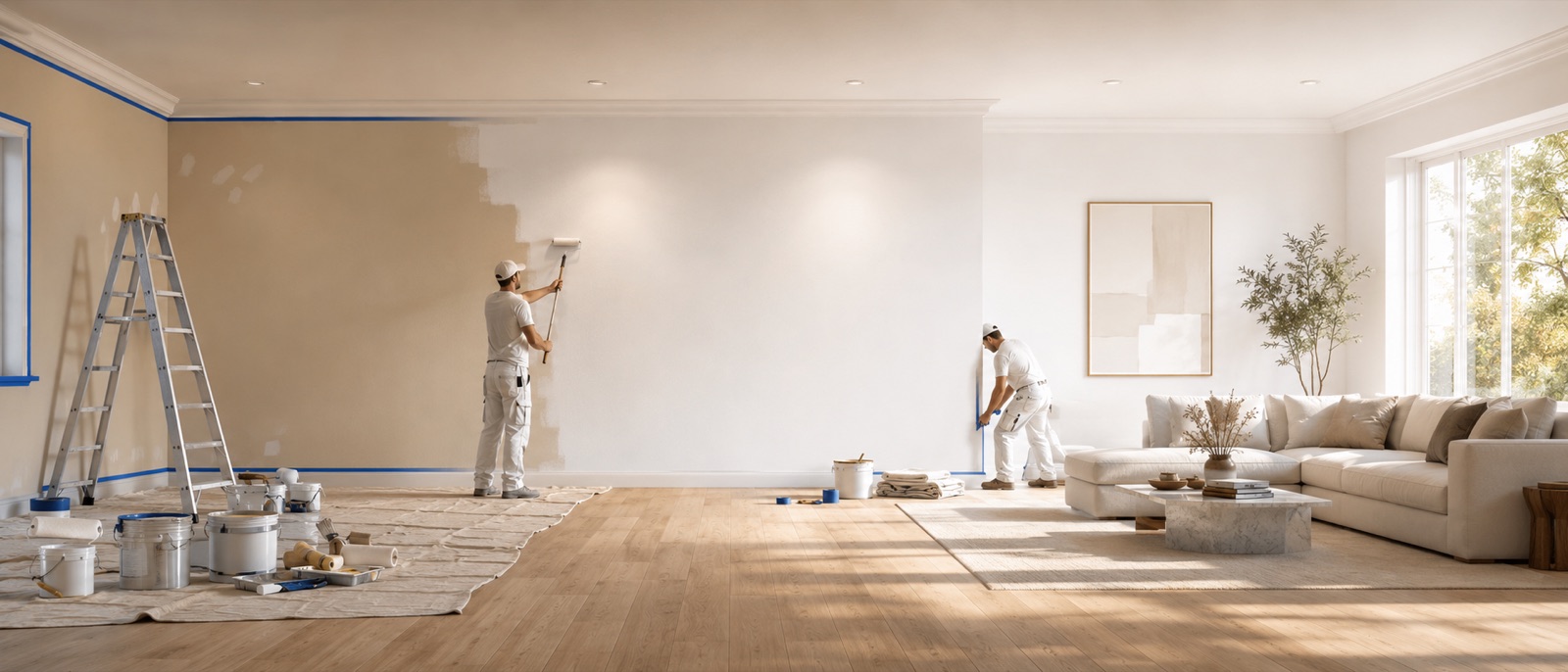 Two painters rolling a fresh coat of white paint in a bright living room