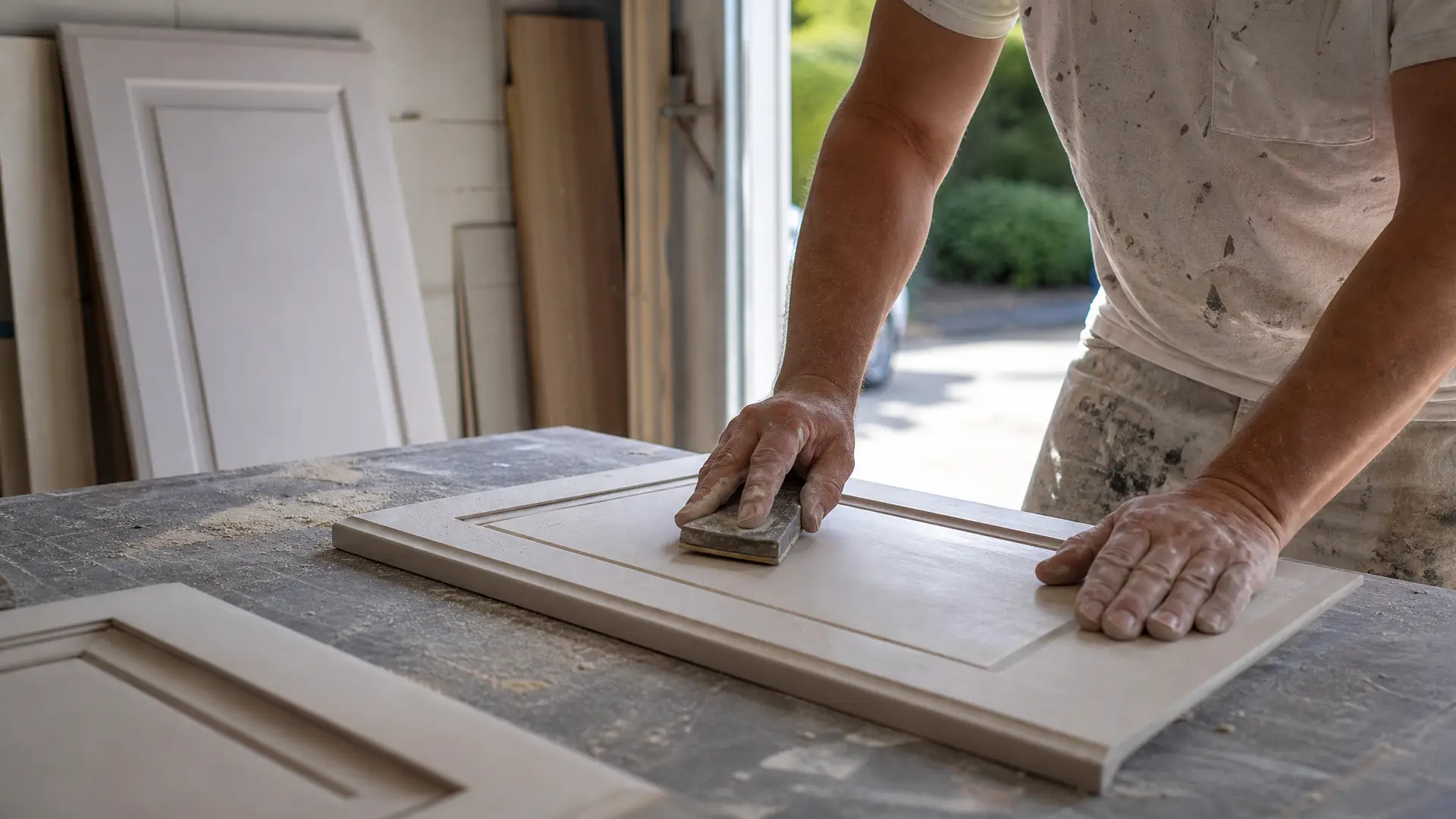 Hands sanding a cabinet door flat on a workbench before it is sprayed