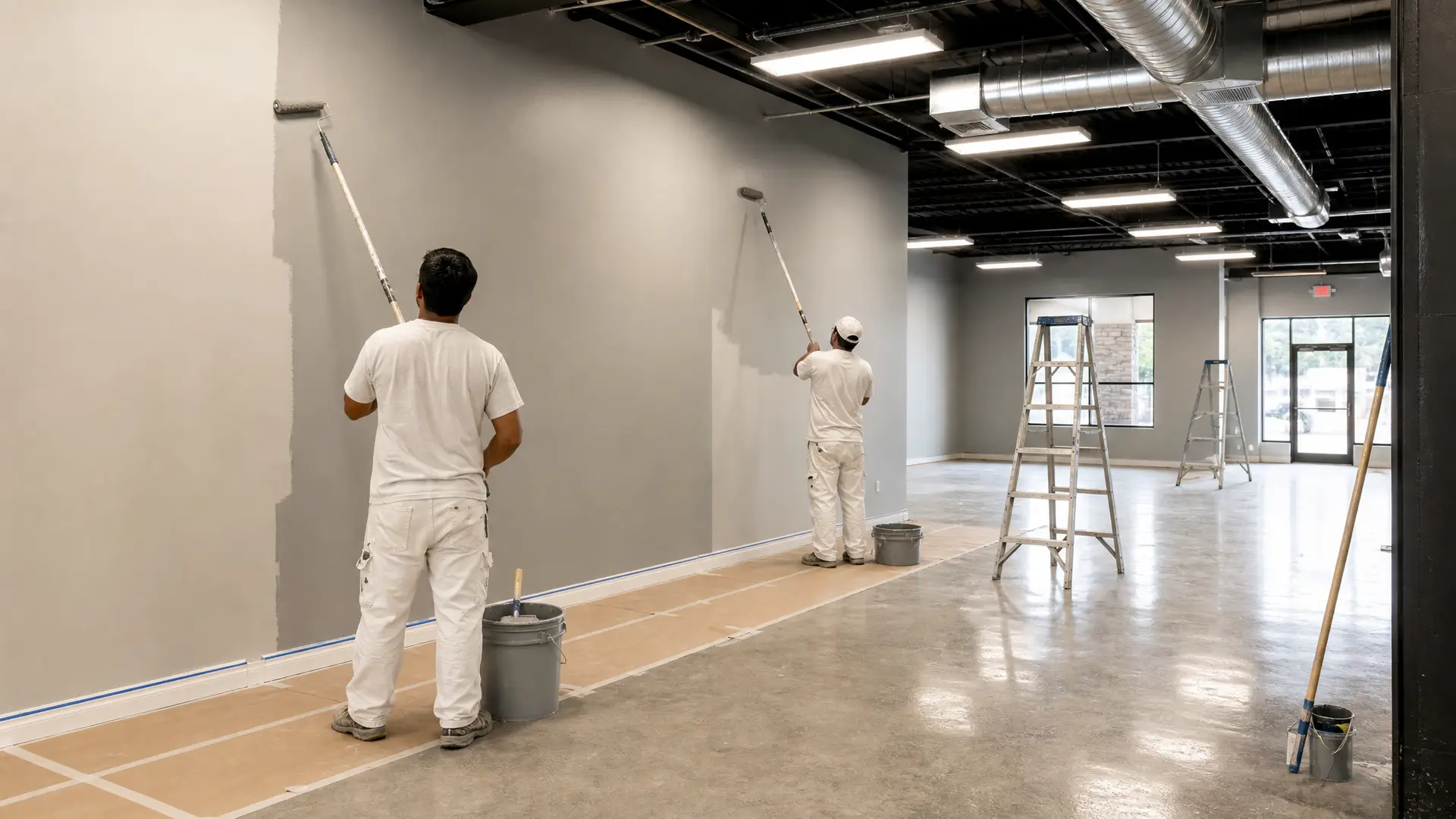 Two painters rolling the walls of a large empty commercial unit