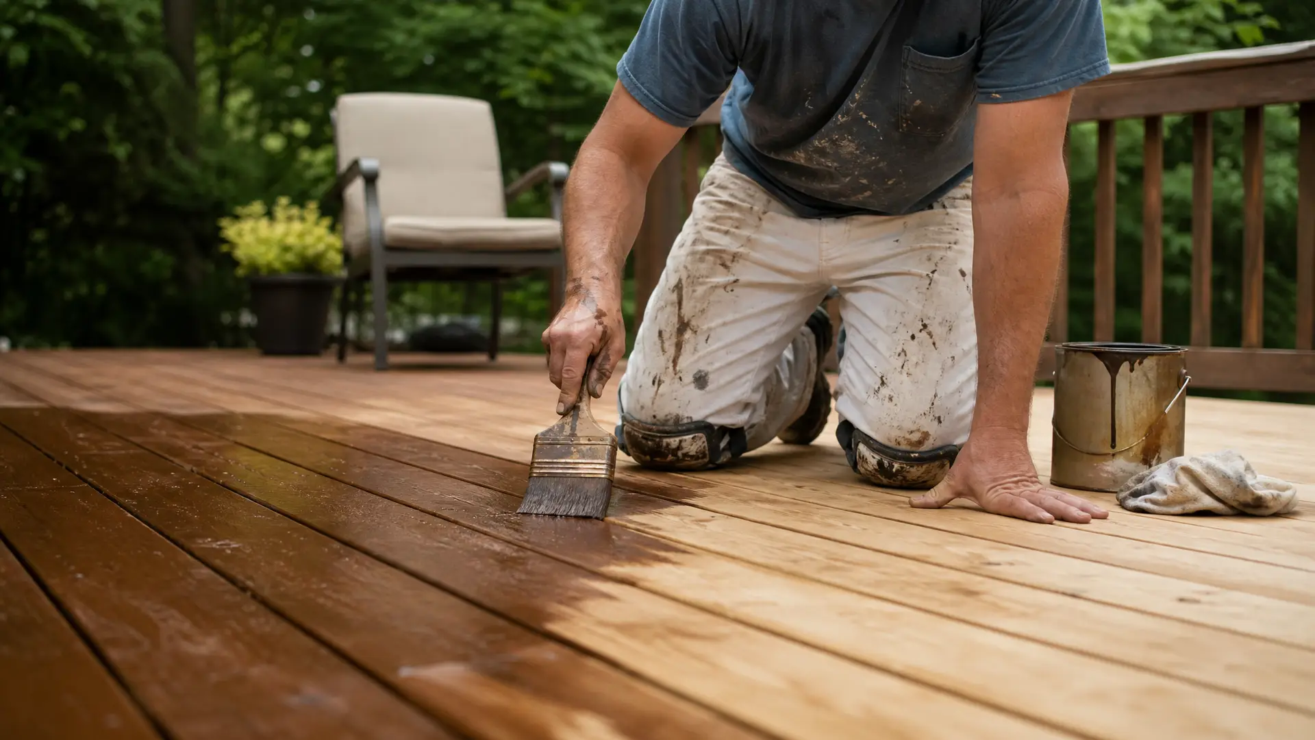 Painter brushing fresh stain along the boards of a back deck