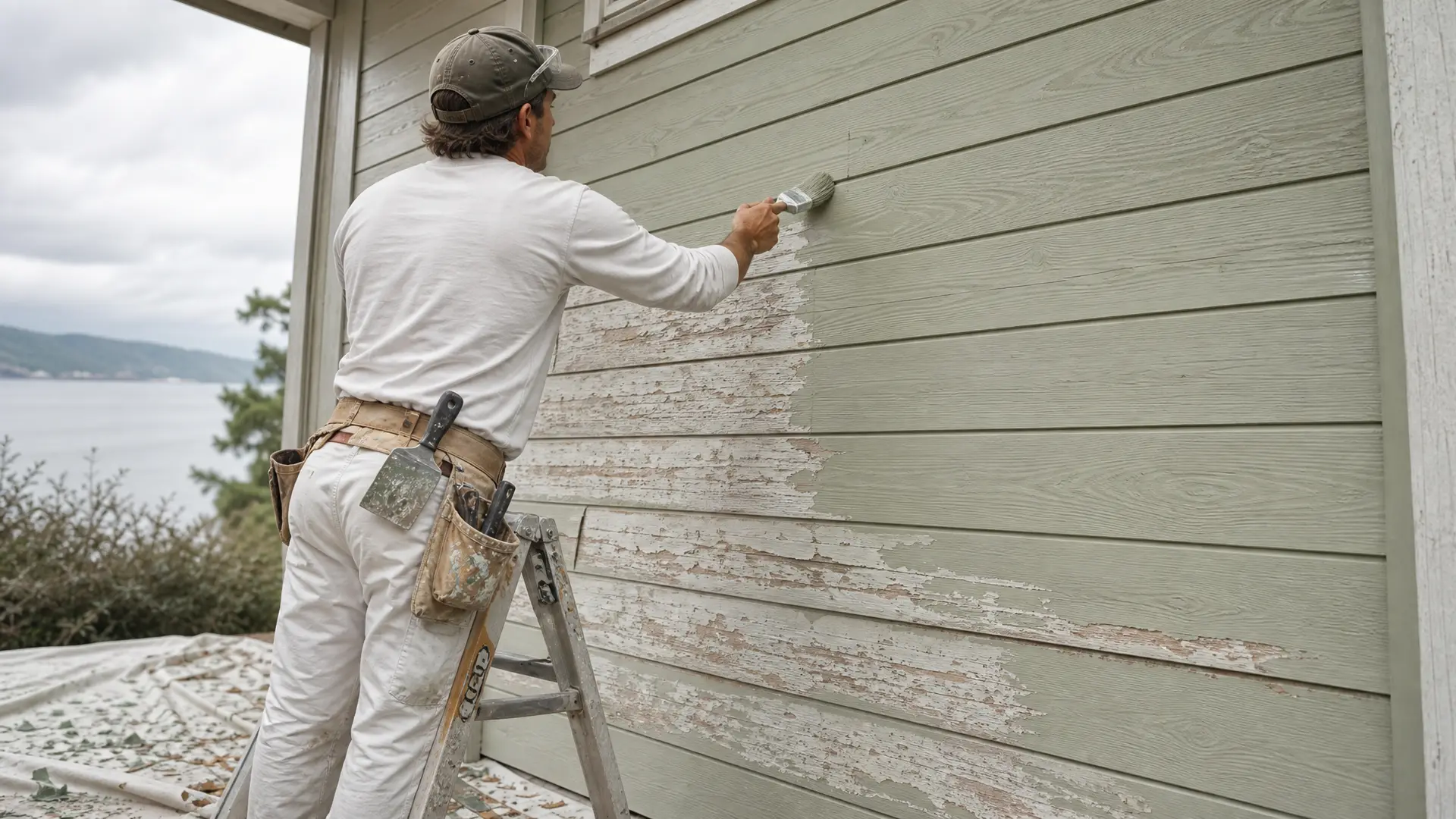 Painter brushing fresh coat over peeling siding on the side of a house