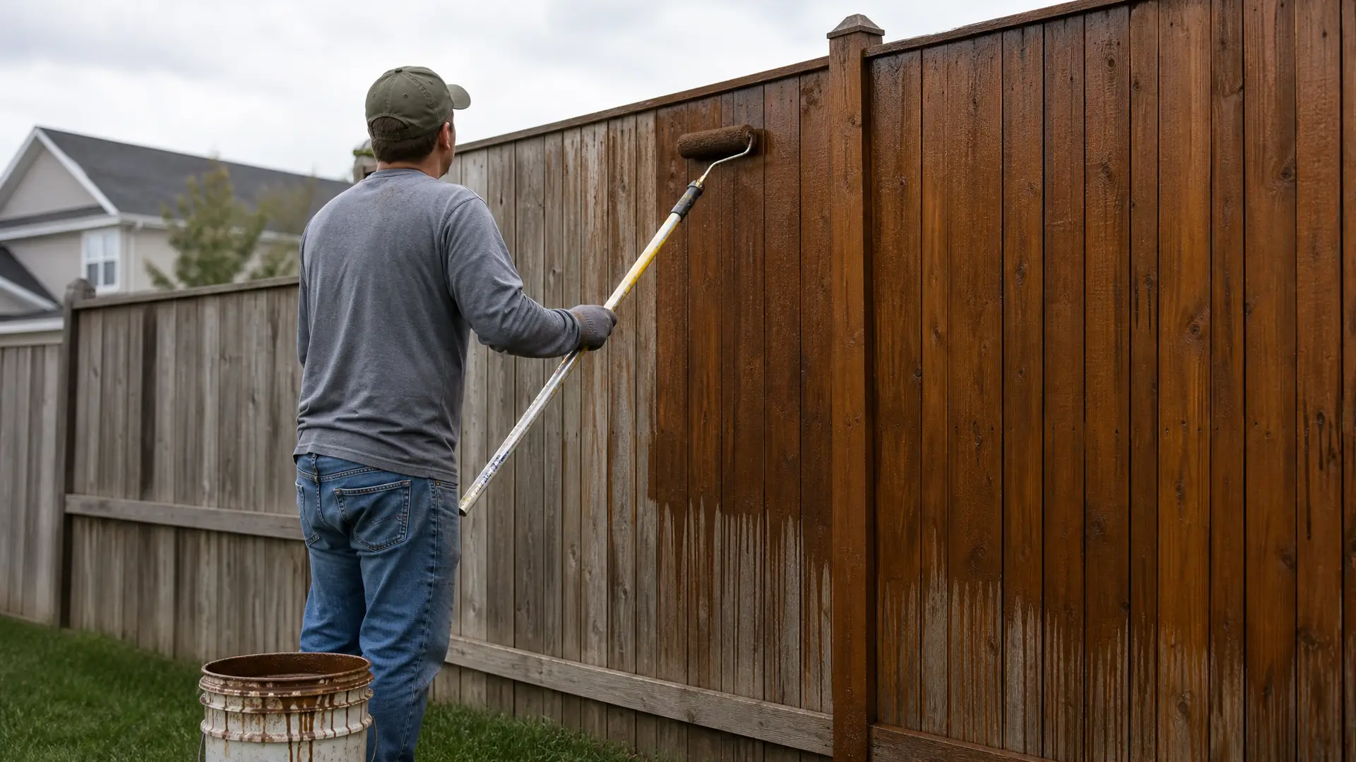 Painter rolling stain onto a weathered wood fence