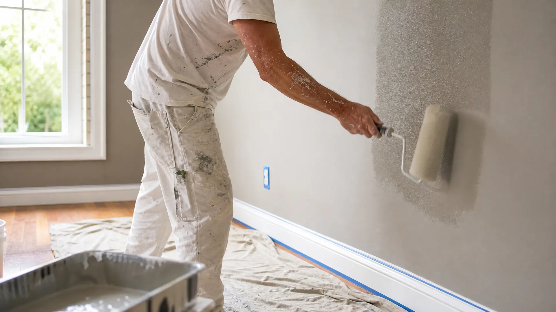 Painter rolling a fresh coat onto an interior wall, with the baseboards taped and the floor covered