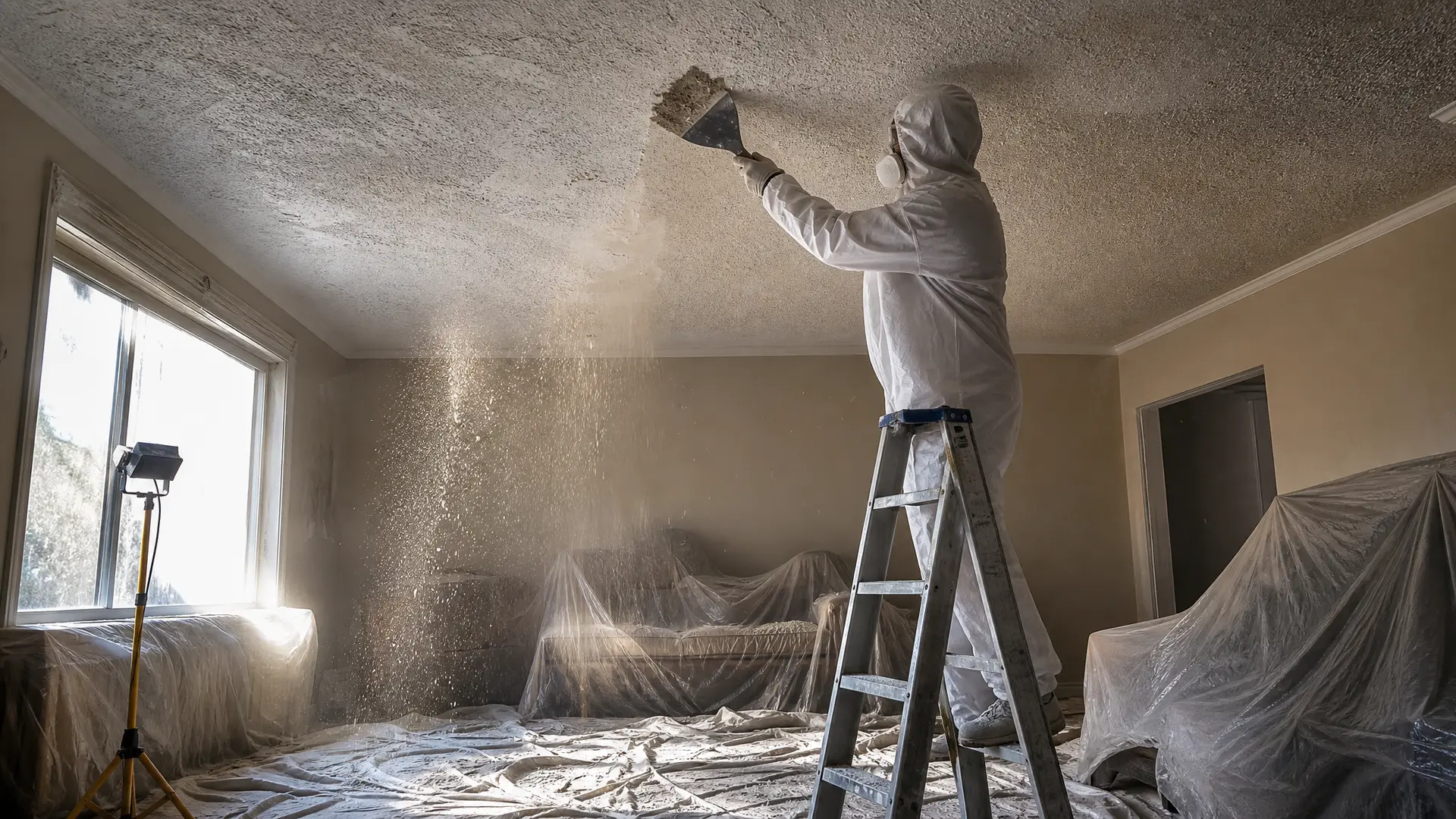 Painter in coveralls scraping a textured ceiling in a room sealed with plastic sheeting
