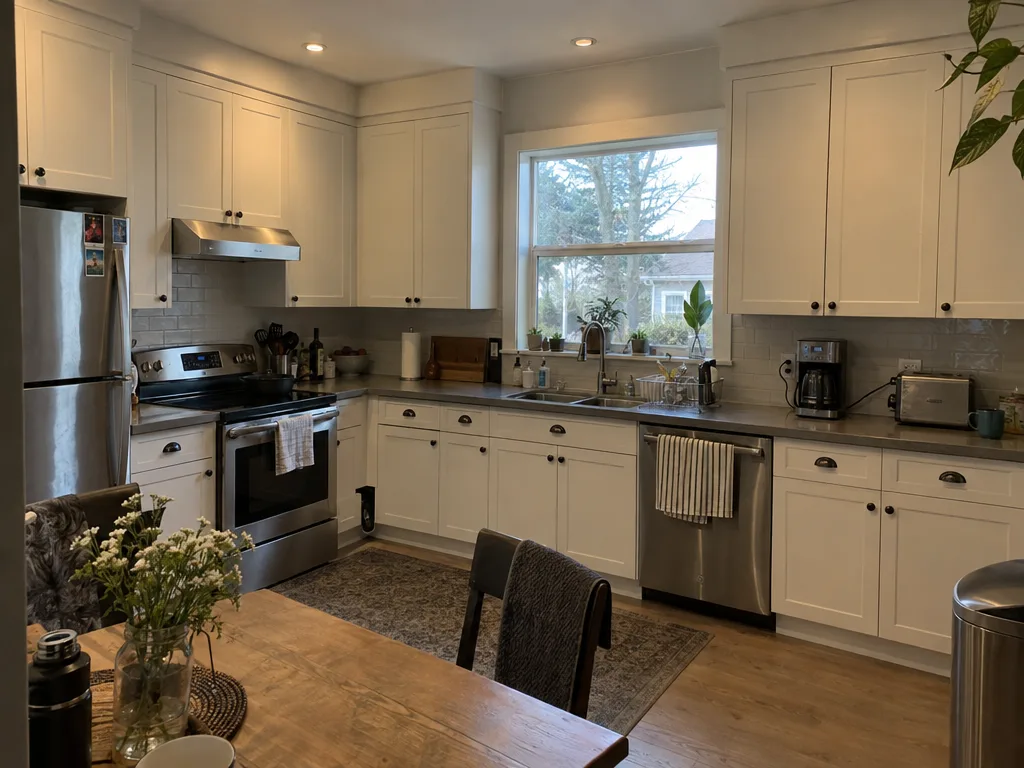 Refinished kitchen cabinets in a clean white shaker finish with a tiled backsplash