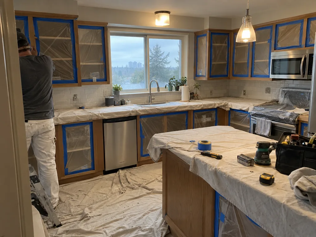 Kitchen fully masked with plastic and tape before the cabinets are sprayed