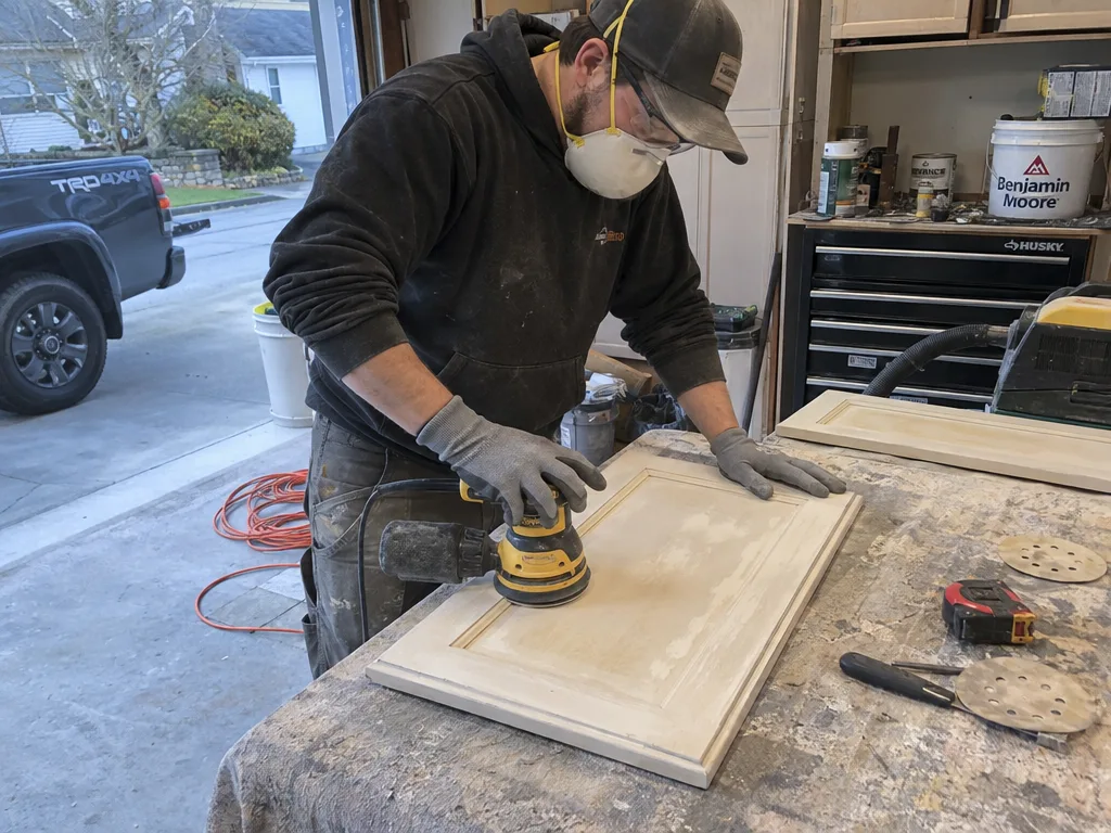 Painter in a respirator sanding a cabinet door flat before priming
