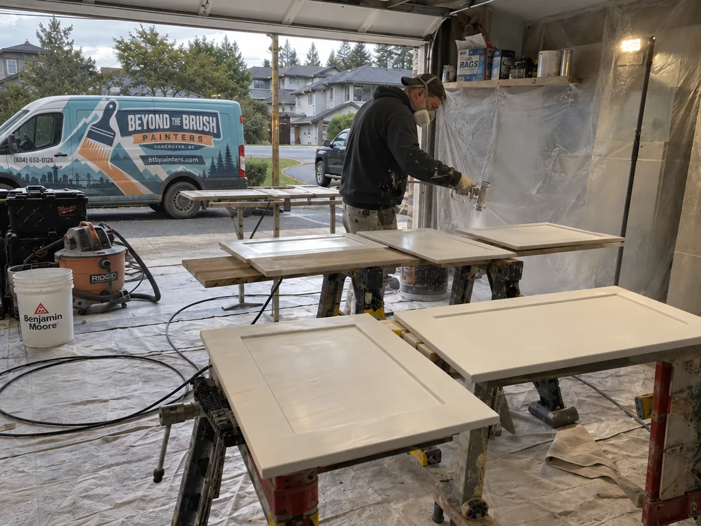 Cabinet doors laid out on racks and sprayed in a garage beside the Beyond The Brush van
