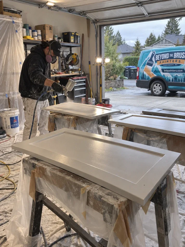 Painter spraying a cabinet door in a garage spray setup, with the Beyond The Brush van outside