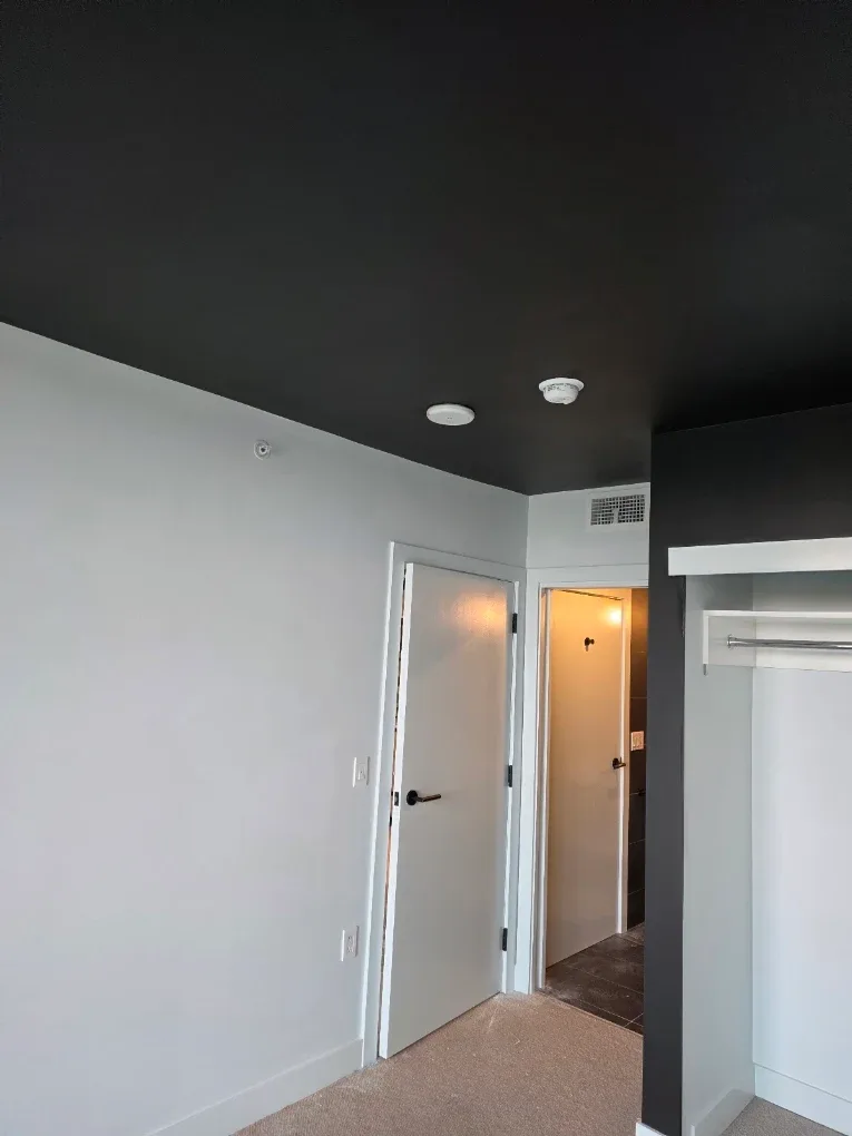 Bedroom with a charcoal painted ceiling above pale grey walls and white trim