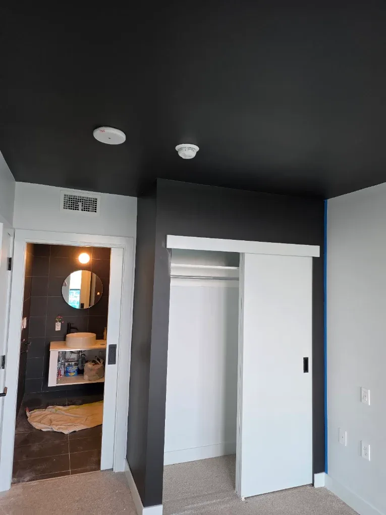 Entry with a charcoal feature wall and ceiling against white closet doors