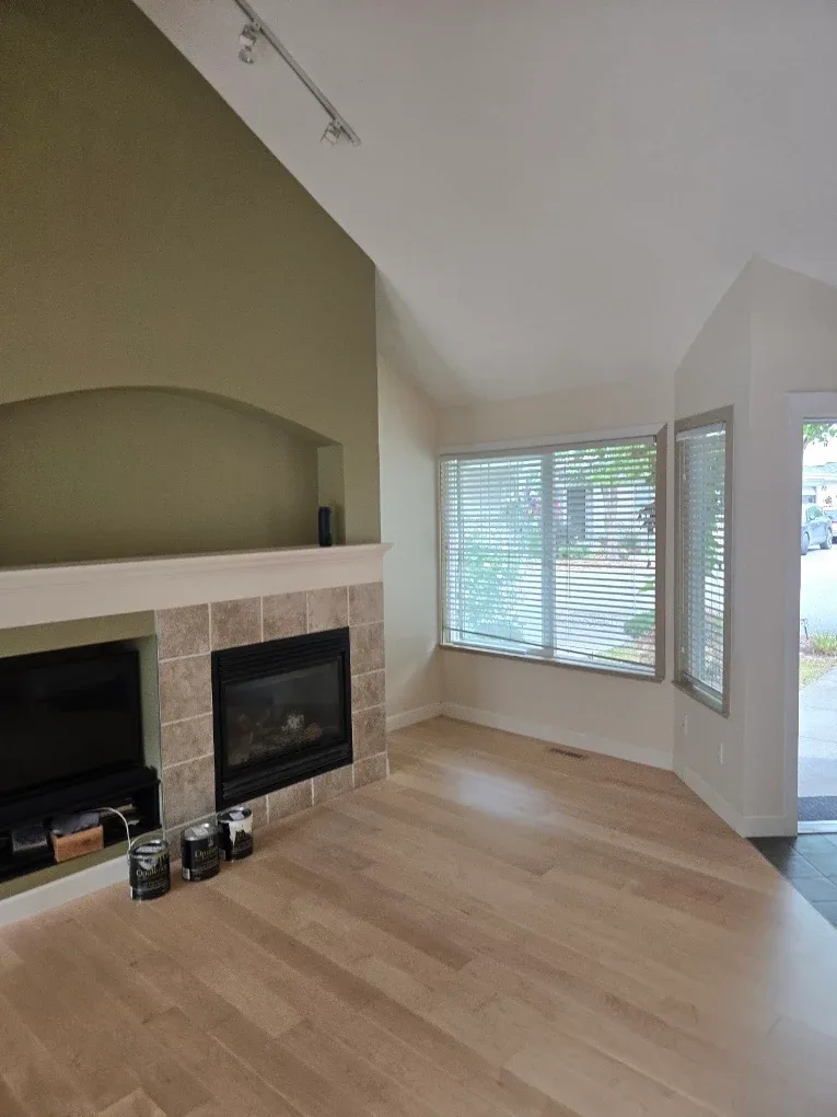 Living room with an olive feature wall beside a vaulted white ceiling