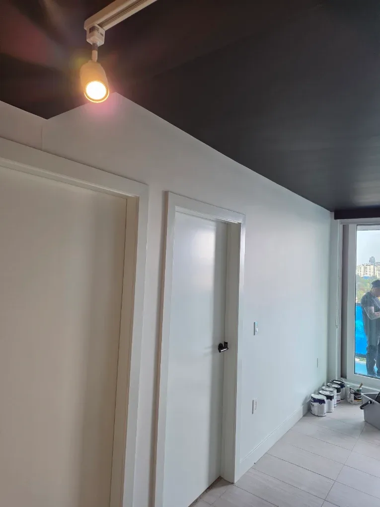 Hallway with freshly painted white doors and trim under a dark ceiling