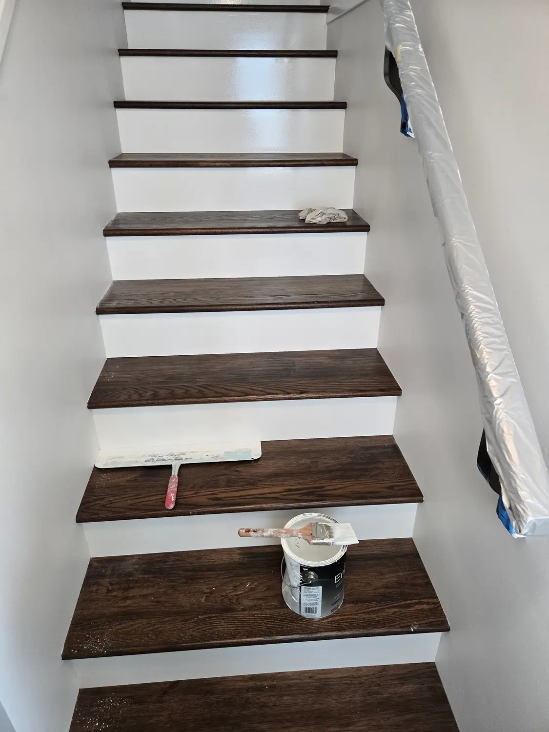 Interior staircase with crisp white risers against dark stained treads
